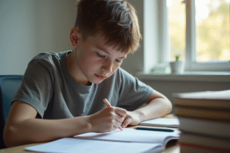 Jeune adulte étudiant prenant des notes dans un bureau lumineux