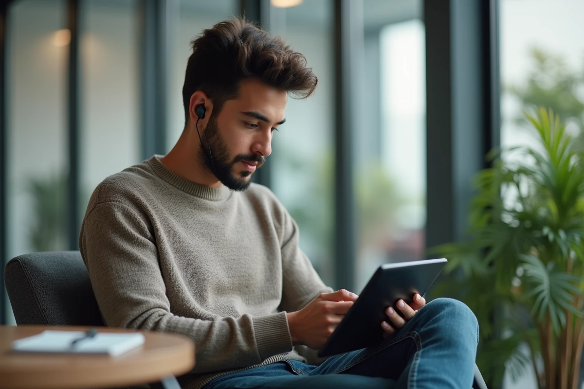 Étudiant en ligne dans un espace de pause moderne et lumineux