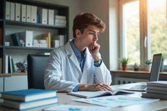 Jeune étudiant en médecine lisant un livre dans un bureau moderne