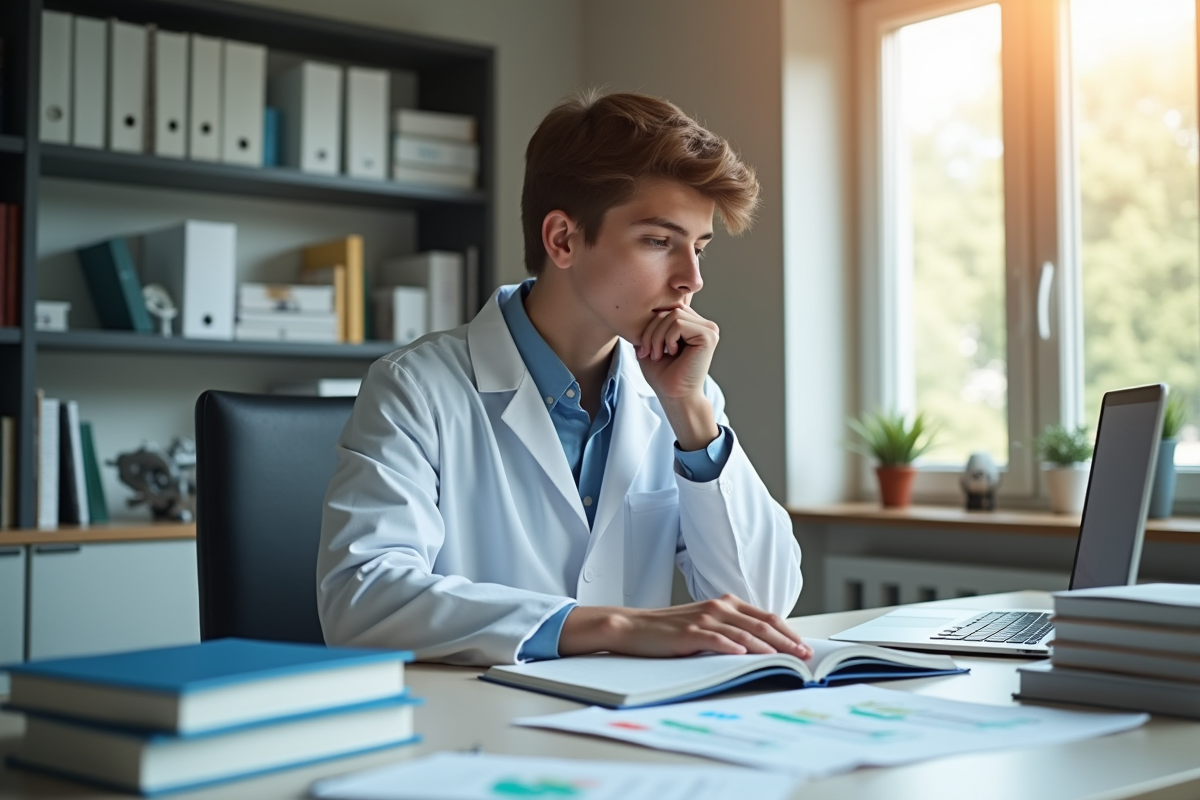 Jeune étudiant en médecine lisant un livre dans un bureau moderne