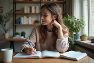 Jeune femme assise à son bureau à la maison en train d'étudier l'anglais