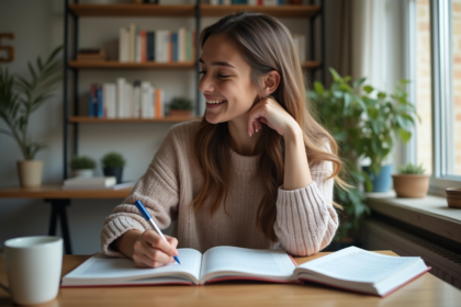 Jeune femme assise à son bureau à la maison en train d'étudier l'anglais