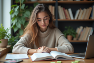 Jeune femme étudie un livre de langue dans un appartement moderne