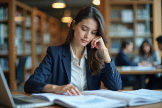 Jeune femme en blazer bleu dans une bibliothèque universitaire