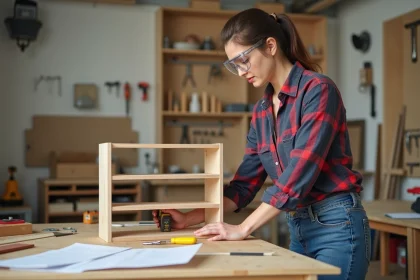 Jeune femme examine une étagère en bois mal alignée