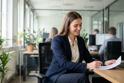 Jeune femme en bureau moderne avec sourire naturel