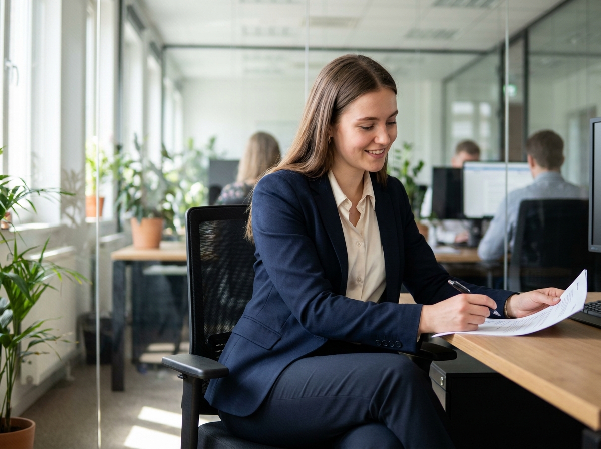 Jeune femme en bureau moderne avec sourire naturel