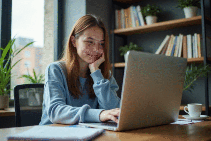Jeune femme en intérieur studie assise avec ordinateur