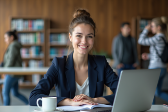 Jeune femme en blazer assise à un bureau universitaire