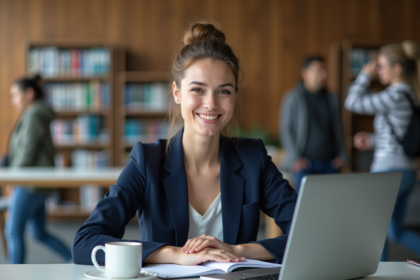 Jeune femme en blazer assise à un bureau universitaire