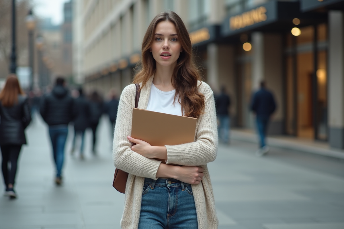 Jeune femme avec un dossier devant un bâtiment officiel