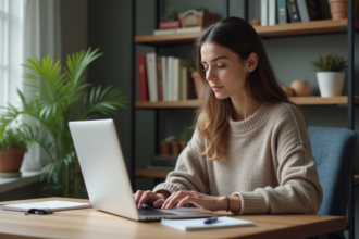 Jeune femme concentrée travaillant sur son code dans un bureau à domicile
