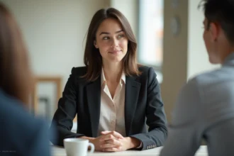 Jeune femme en blazer lors d'une conférence professionnelle