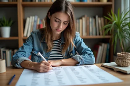 Jeune femme étudie un tableau de conjugaison espagnole