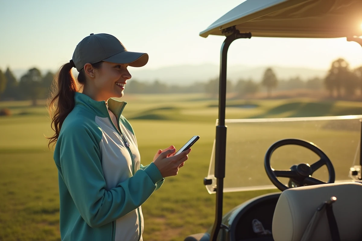 Jeune femme golfiste utilisant son smartphone avant le départ