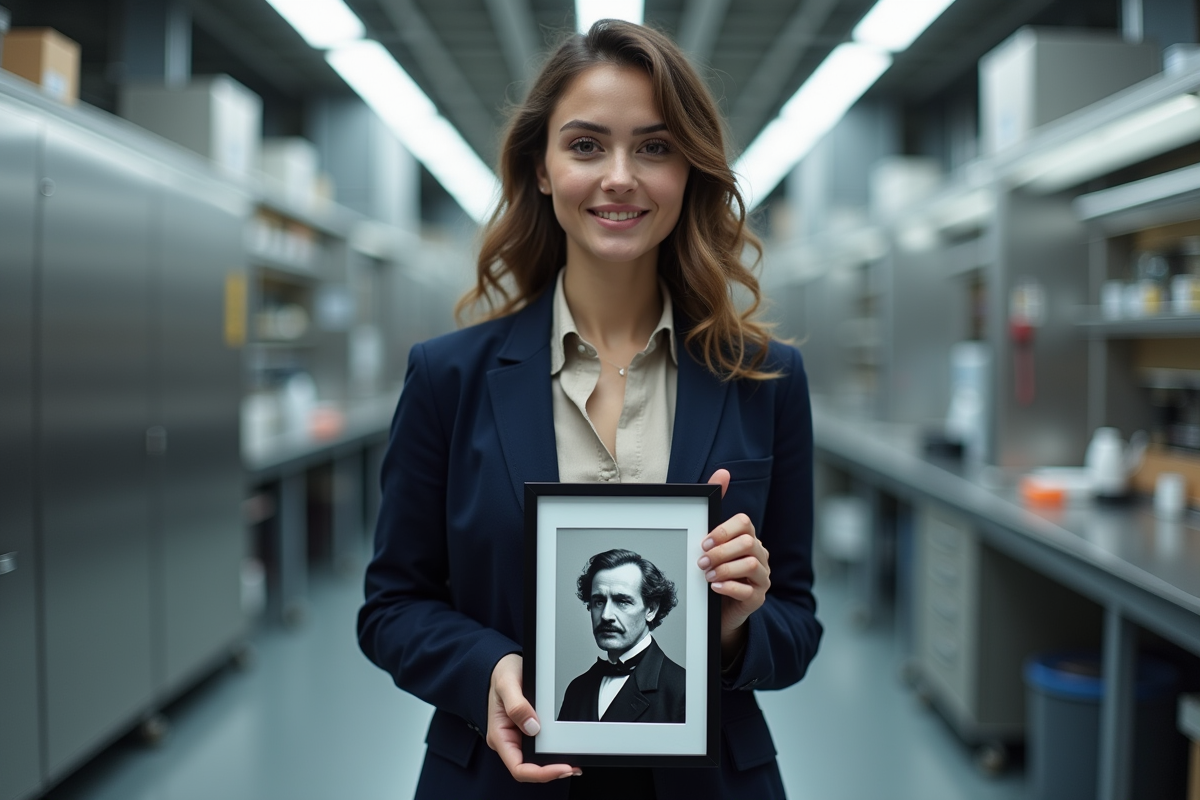Jeune femme en laboratoire avec portrait d