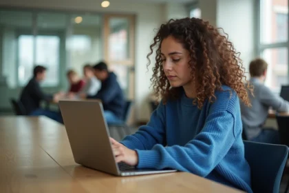 Jeune femme explore les réglages de son ordinateur dans une salle d'études