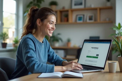 Jeune femme concentrée utilisant son ordinateur à la maison