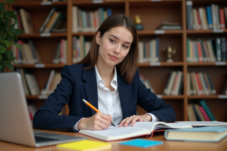 Jeune femme concentrée prenant des notes dans une bibliothèque