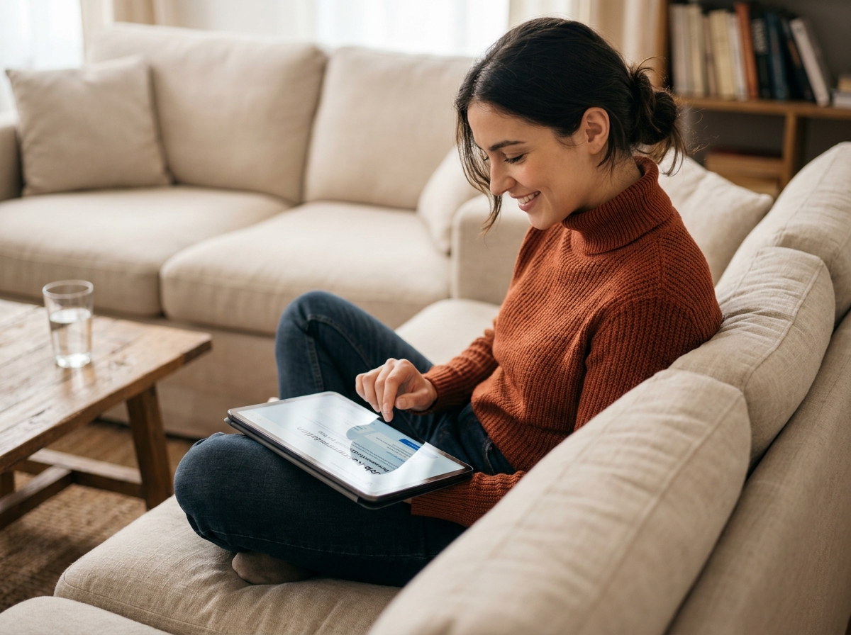 Jeune femme consultant des offres d'emploi personnalisées sur une tablette depuis son salon
