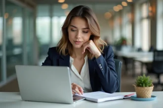 Jeune femme professionnelle concentrée au bureau avec ordinateur