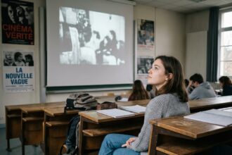 Jeune femme attentive en cours dans une salle moderne