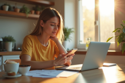Jeune femme utilisant son smartphone et son ordinateur portable dans la cuisine