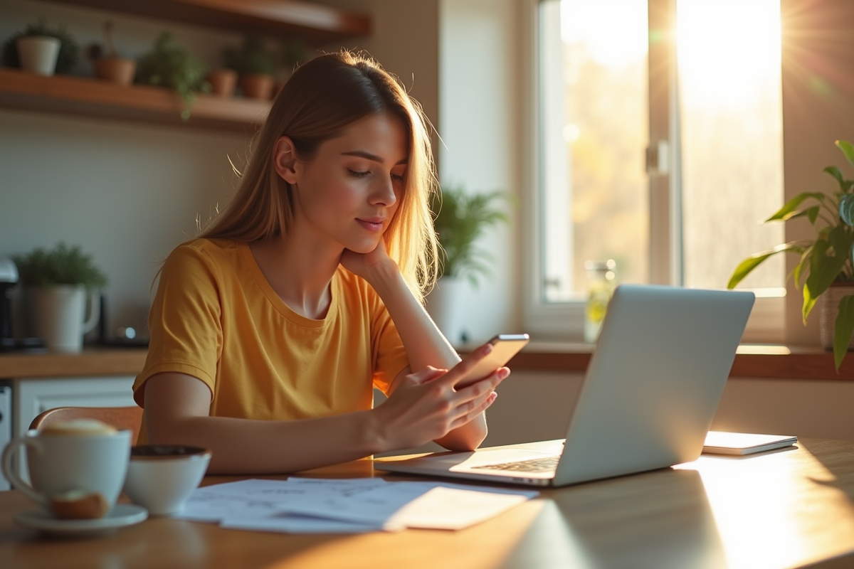 Jeune femme utilisant son smartphone et son ordinateur portable dans la cuisine