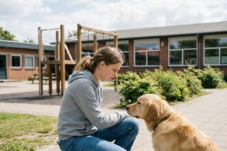Fille de 13 ans avec chien dans cour d école