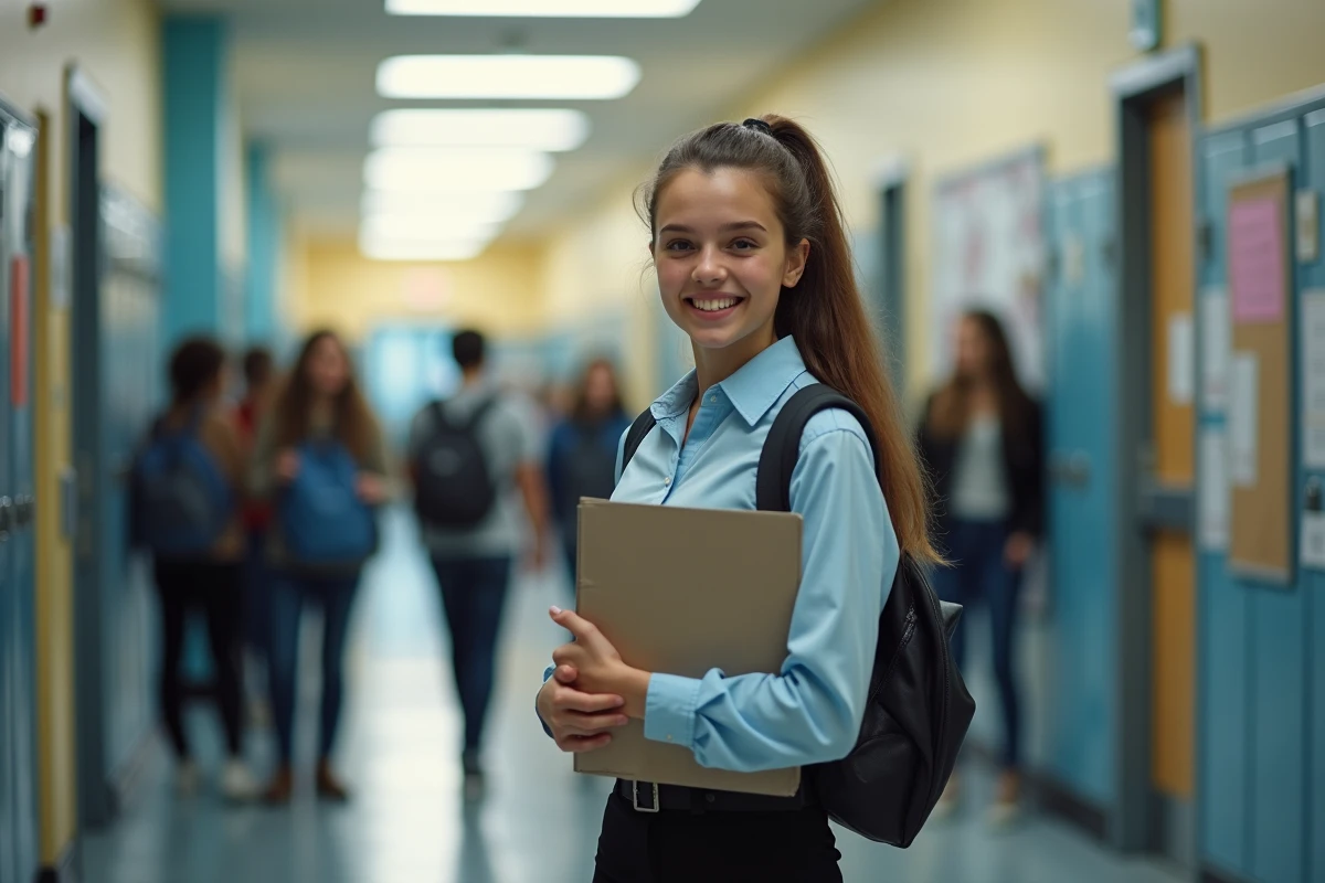 Jeune fille dans un couloir scolaire avec sourire