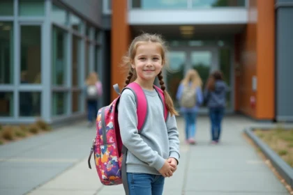 Jeune fille avec Down syndrome devant une école moderne
