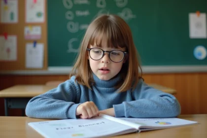 Jeune fille française lisant à voix haute un document scolaire