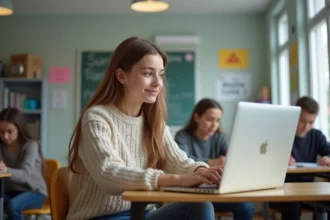 Jeune fille de lycée assise à un bureau moderne en classe