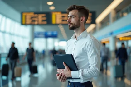 Jeune homme en uniforme dans un aéroport moderne