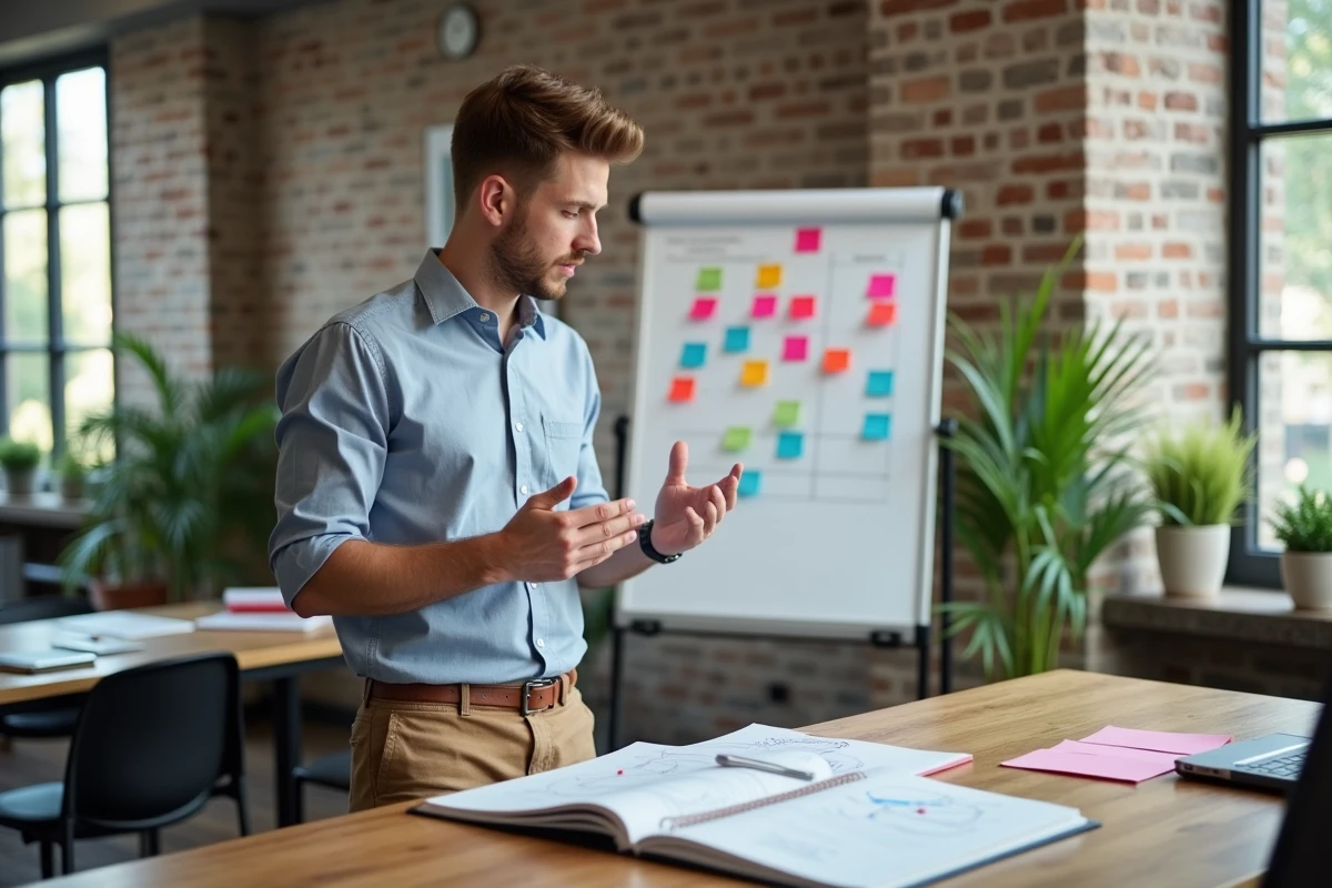 Jeune homme expliquant ses travaux dans une salle créative