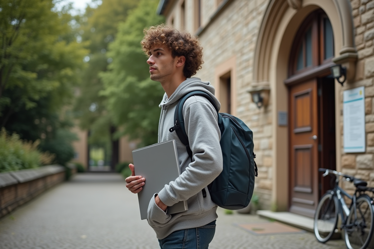 Jeune homme avec sac à dos près d un bâtiment historique