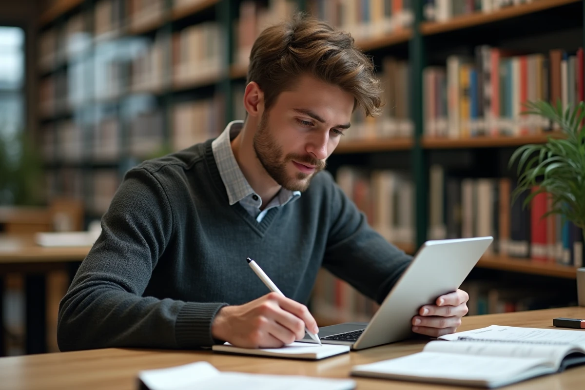 Jeune homme vérifiant application Cyclades à la bibliothèque