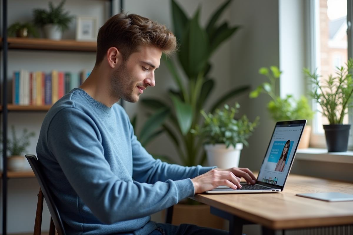 Jeune homme au bureau à domicile utilisant l'application Tandem