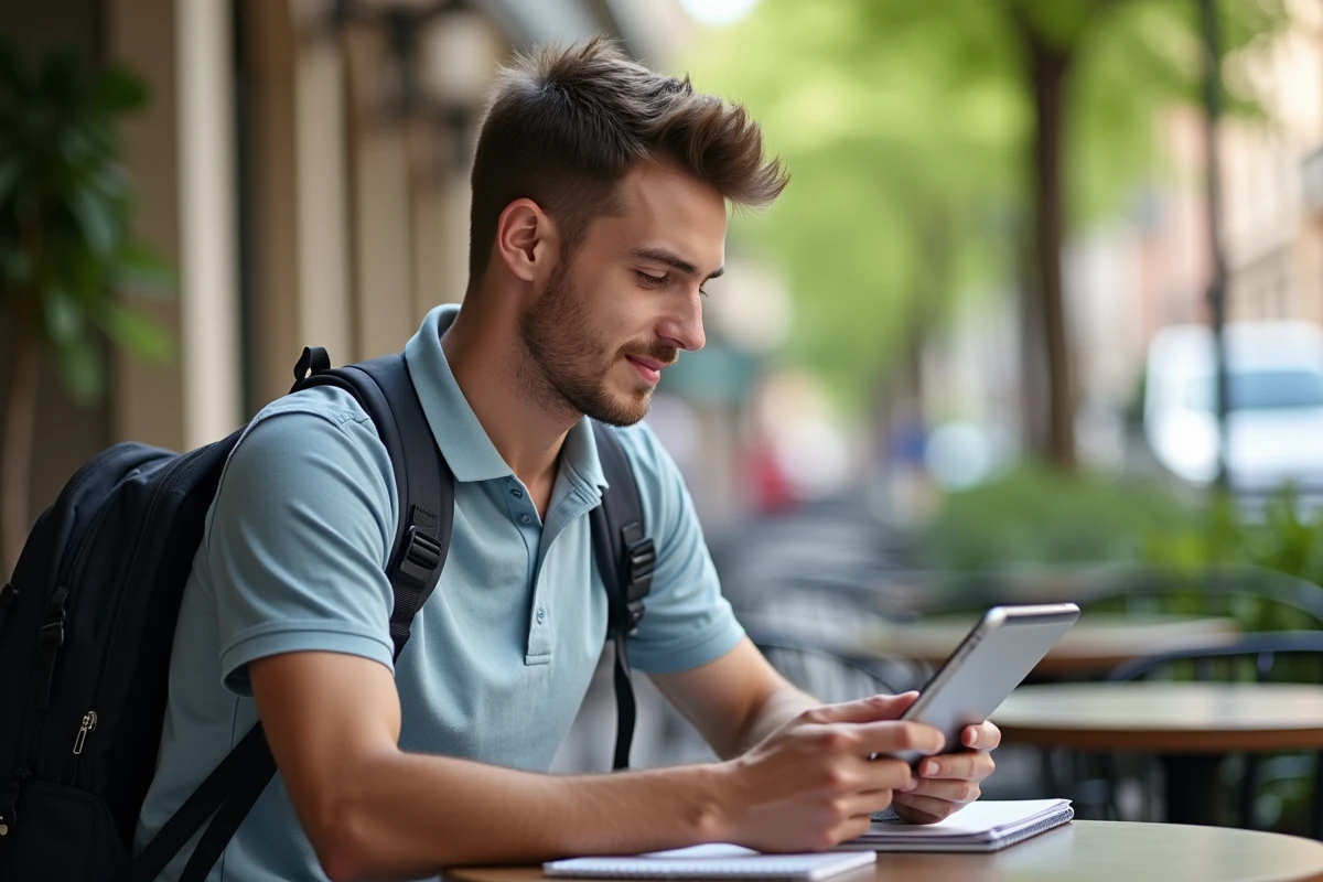 Jeune homme détendu au café avec tablette en extérieur