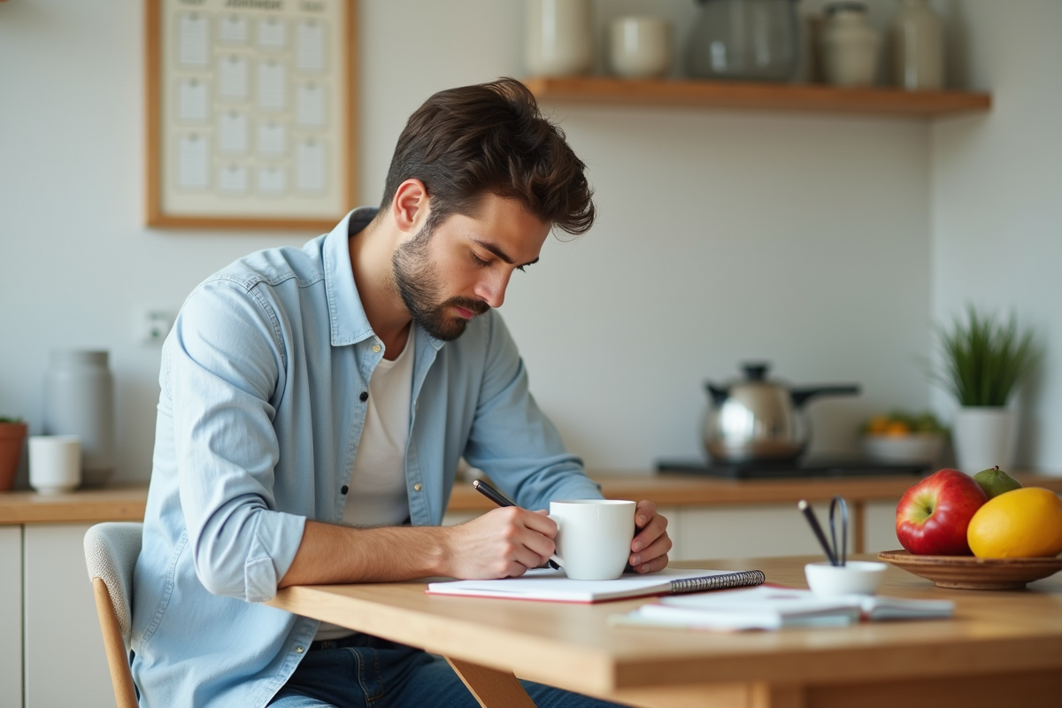 Jeune homme prenant des notes dans la cuisine lumineuse