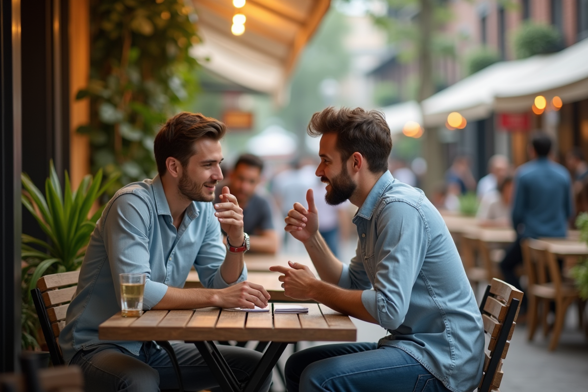 Jeune homme discutant dans un café en extérieur
