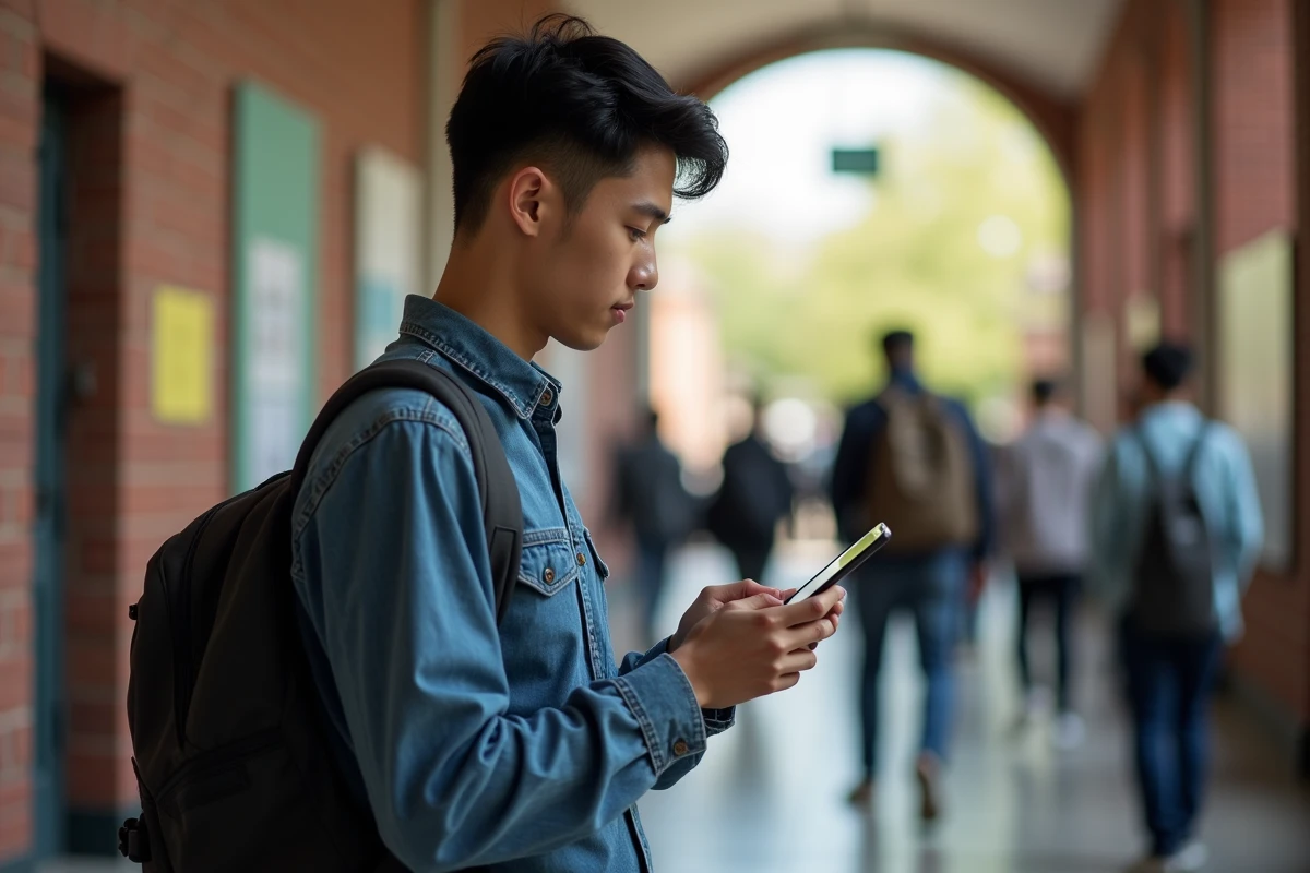 Jeune homme configure un compte sur un portail étudiant dans un couloir universitaire