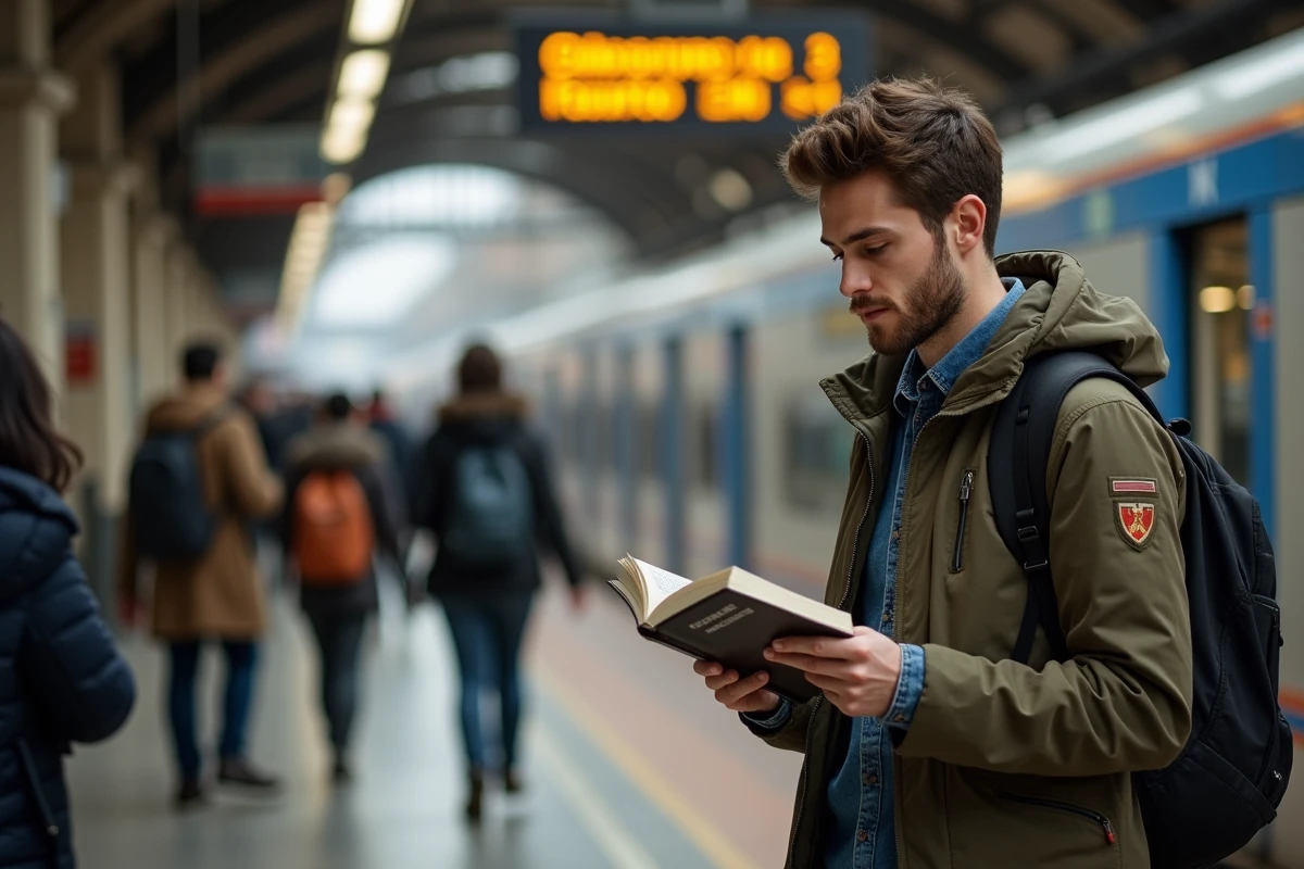 Jeune homme lisant un guide à la gare de Barcelone