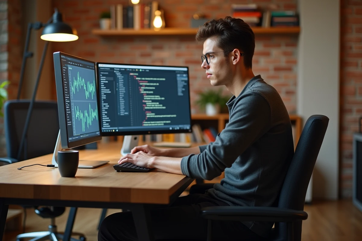Jeune homme travaillant sur un poste informatique dans un coworking, illustrant un métier numérique rare et en forte demande