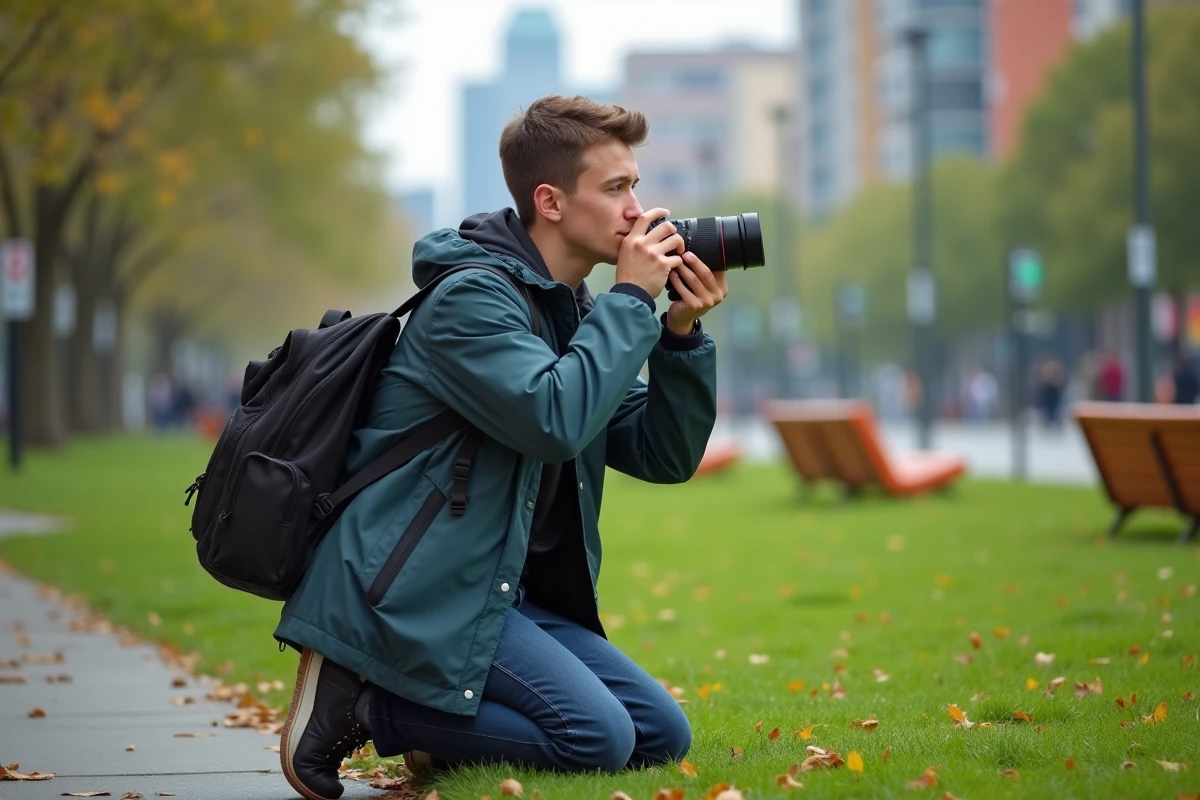 Jeune homme en parc urbain avec appareil photo