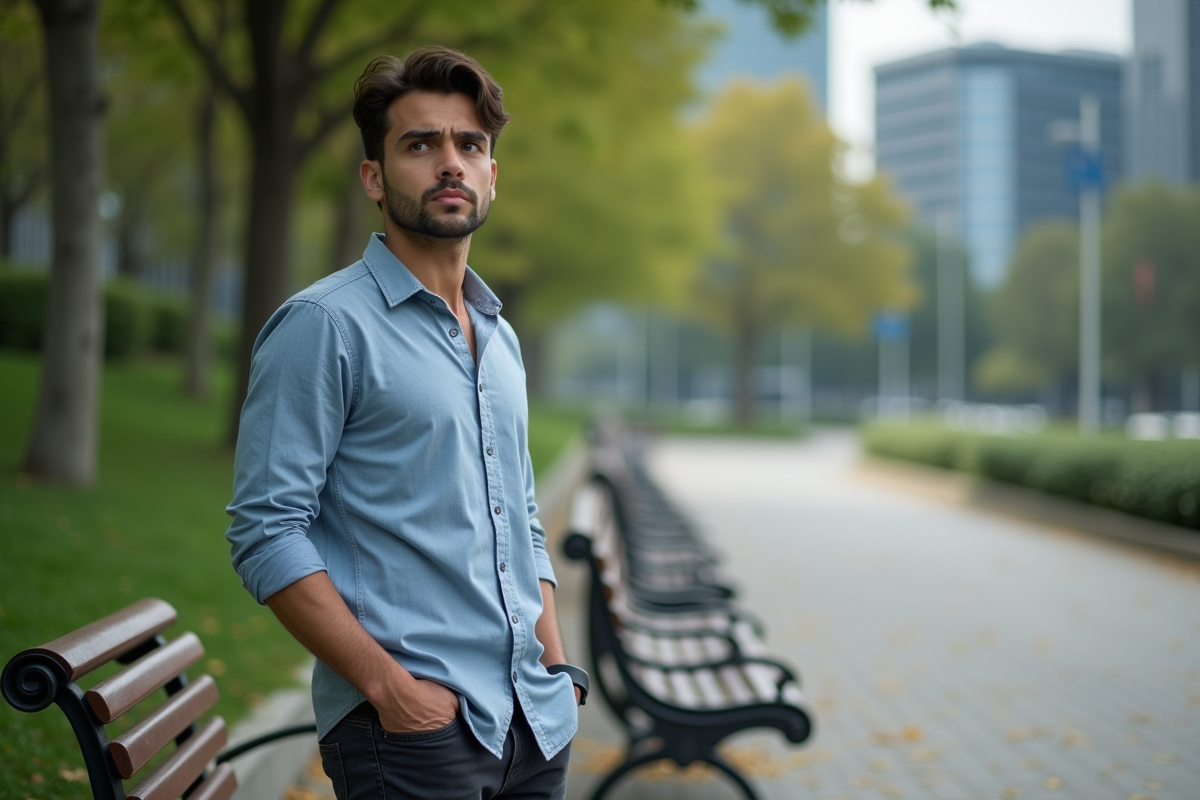 Jeune homme dans un parc urbain contemplatif