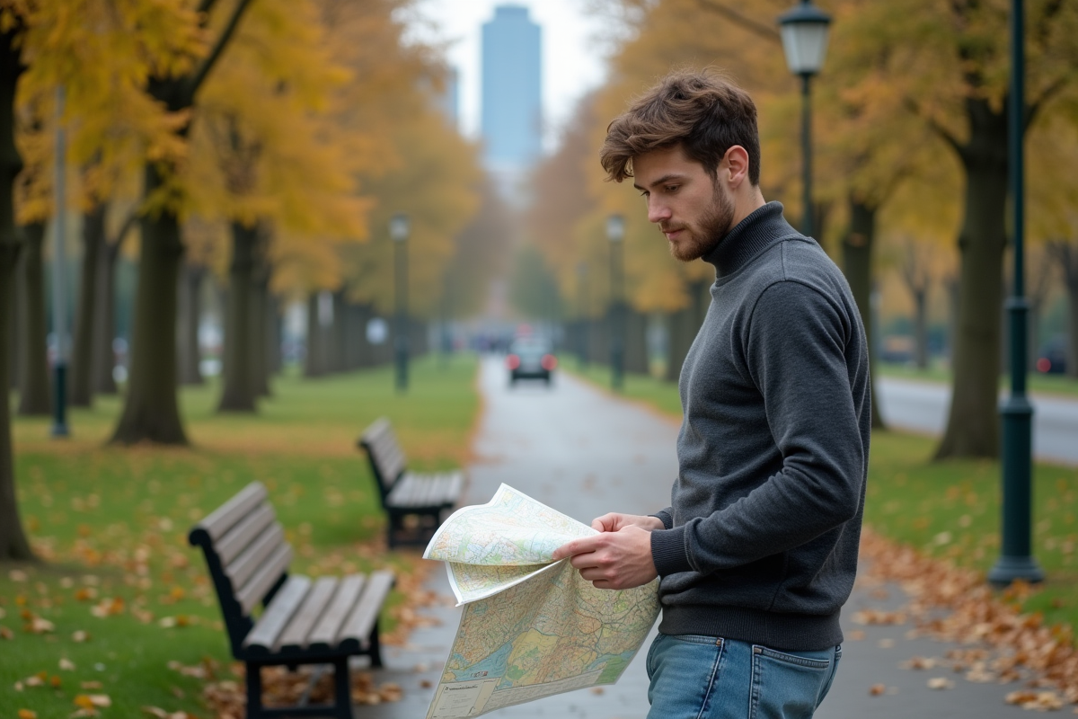 Jeune homme avec carte dans parc urbain en plein air