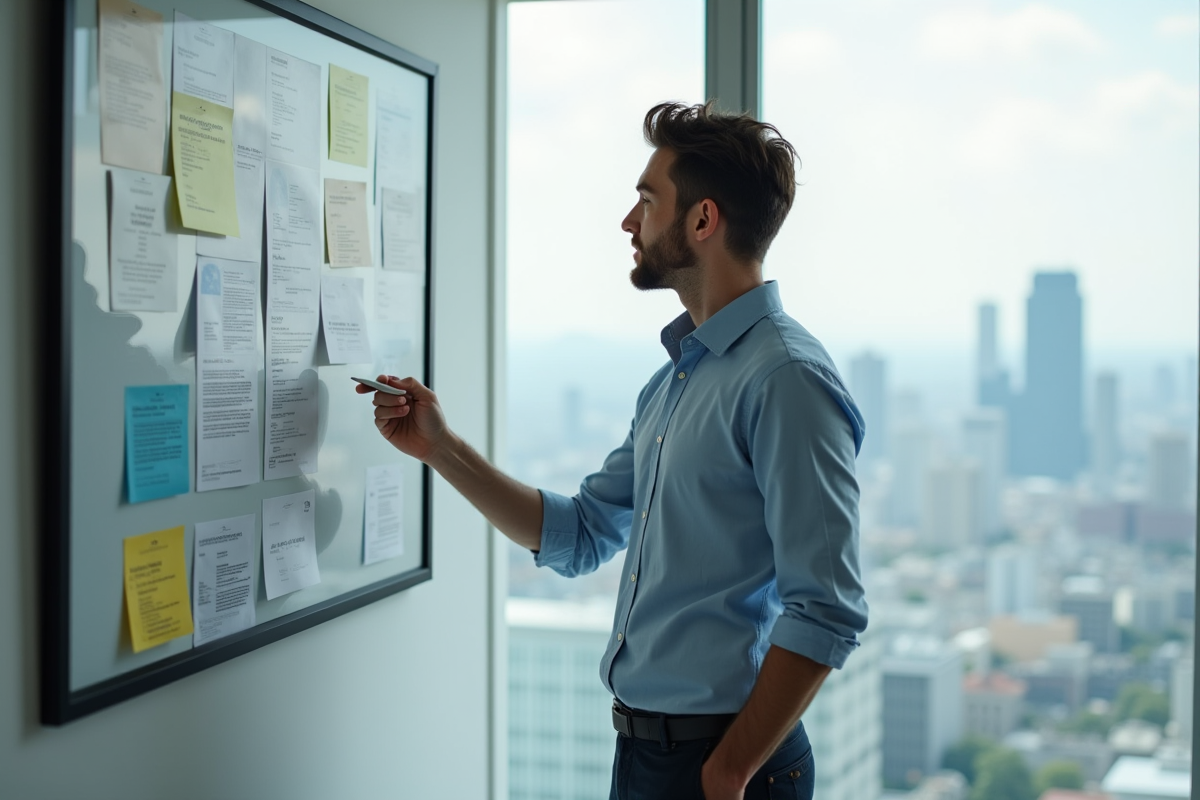 Jeune homme réfléchissant devant tableau d