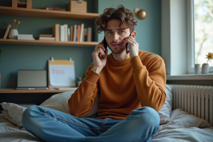 Jeune homme assis sur son lit avec smartphone dans un appartement