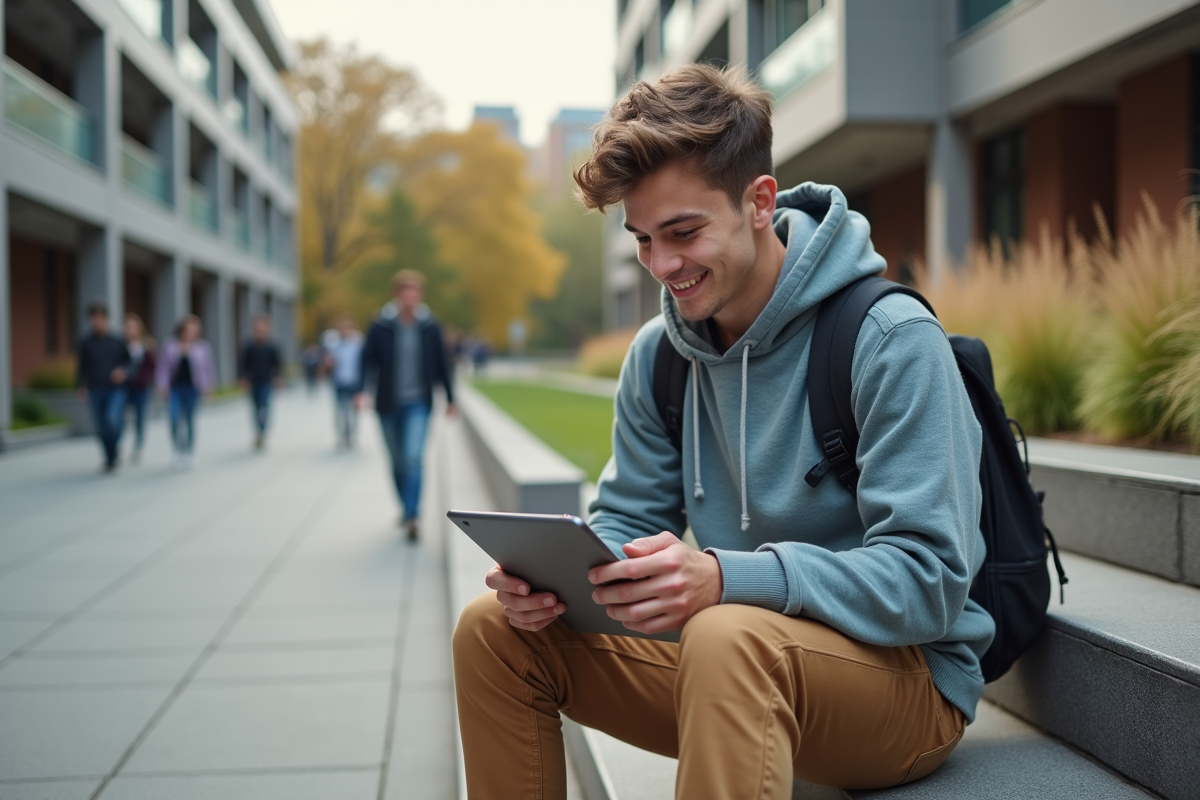 Jeune homme étudiant dehors sur les escaliers avec tablette